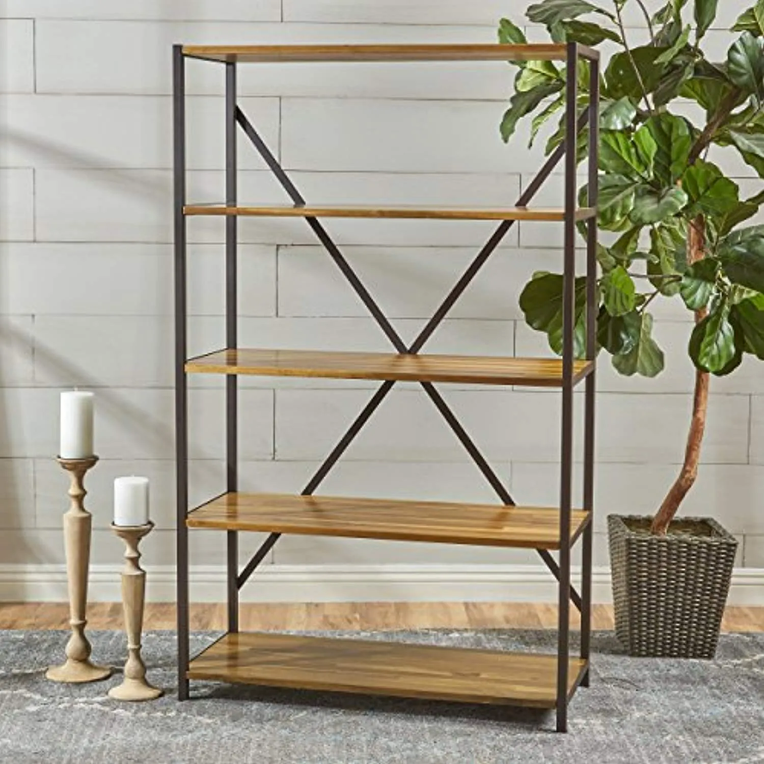 34" Wide Natural Stained Acacia Wood Bookcase with Rustic Metal Finished Iron Accents