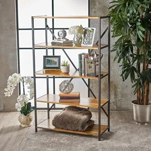 34" Wide Natural Stained Acacia Wood Bookcase with Rustic Metal Finished Iron Accents